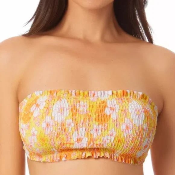 California Waves Floral Print Smocked Bandeau Bikini Top Yellow S - Picture 4 of 13